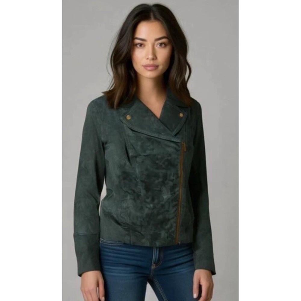 Isaac Mizrahi Live Green Suede Leather Jacket Motorcycle Moto Pockets NWOT US 0